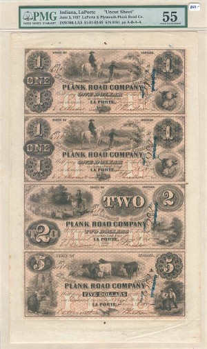 LaPorte and Plymouth Plank Road Co. Uncut Obsolete Sheet - Broken Bank Notes - PMG Graded - SOLD